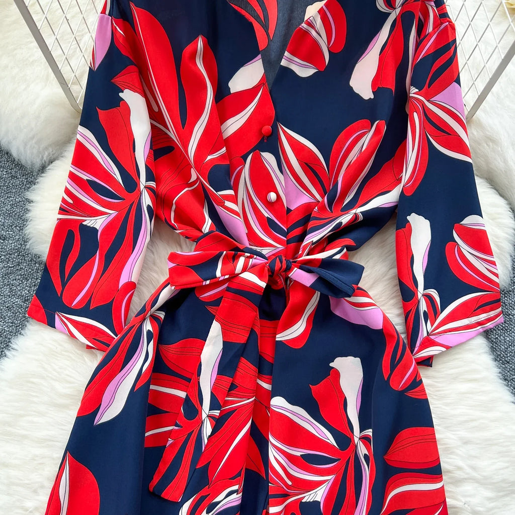 Women's Summer V-Neck Short Sleeve Lace-Up Waist Slim Fit Wide-Leg Printed Jumpsuit with Loose Straight Leg Design