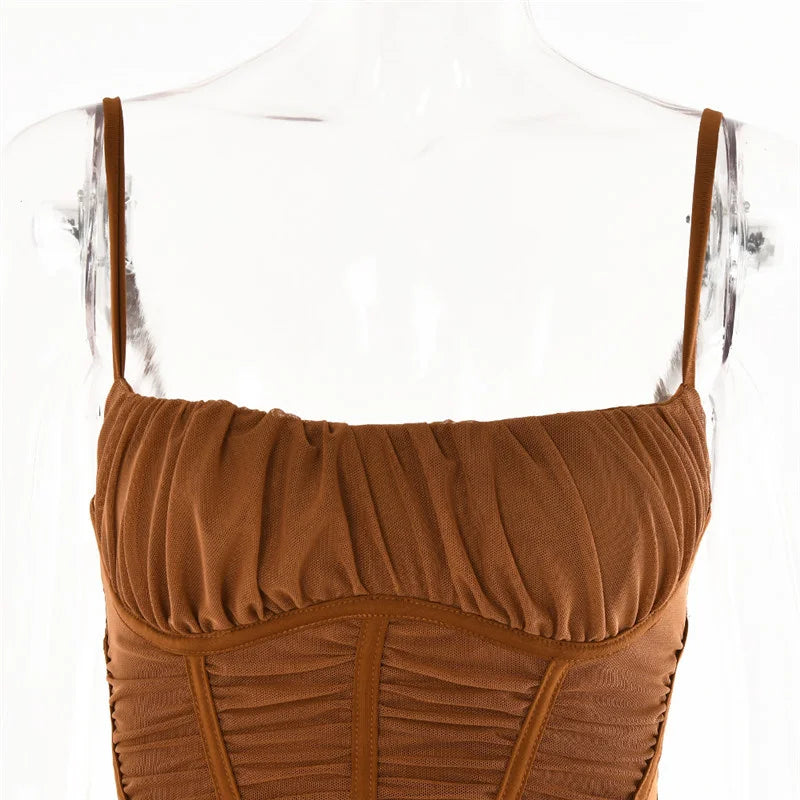 Corset Ruched Maxi Dress Women Spaghetti Strap Backless