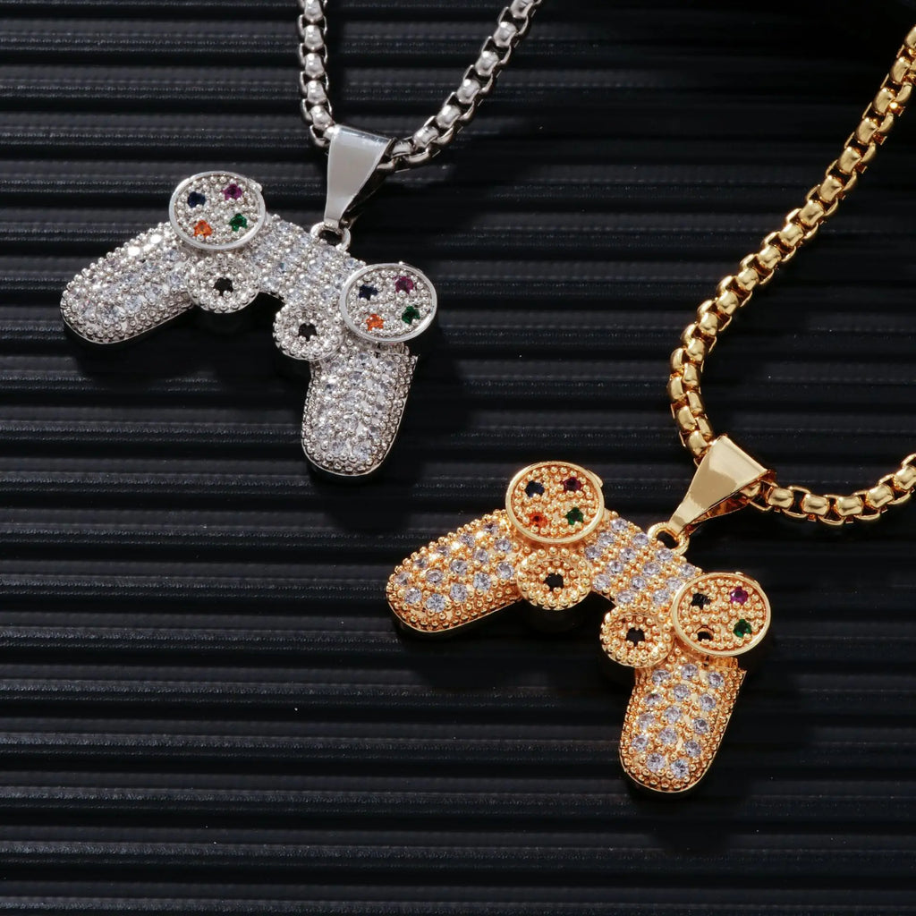 Trendy Gamepad Lightning Stainless Steel Necklace for Women and Men in Gold Color with Crystal Embellishments