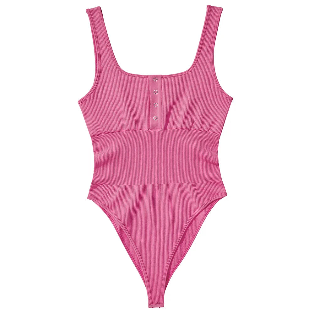 Women's Button Front Square Neck Ribbed Sleeveless Skinny Bodysuit Slimming Shapewear Casual Tank Top