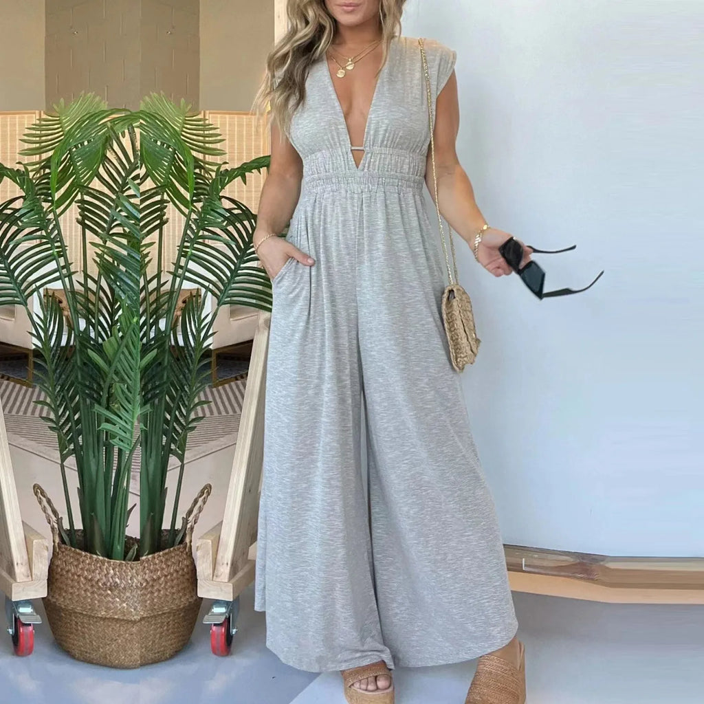Elegant Summer Women's Slim Fit Sleeveless Romper V Neck Casual Loose Jumpsuit with Pockets Perfect for Vacation and Daily Wear