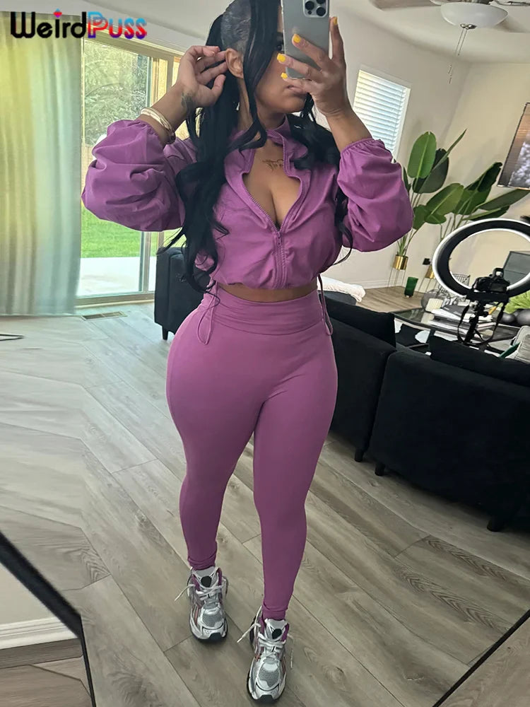 Weird Puss Tracksuit Women 2 Piece Set Casual Zip Thin Drawstring Crop Jacket and Leggings Matching Sporty Suit