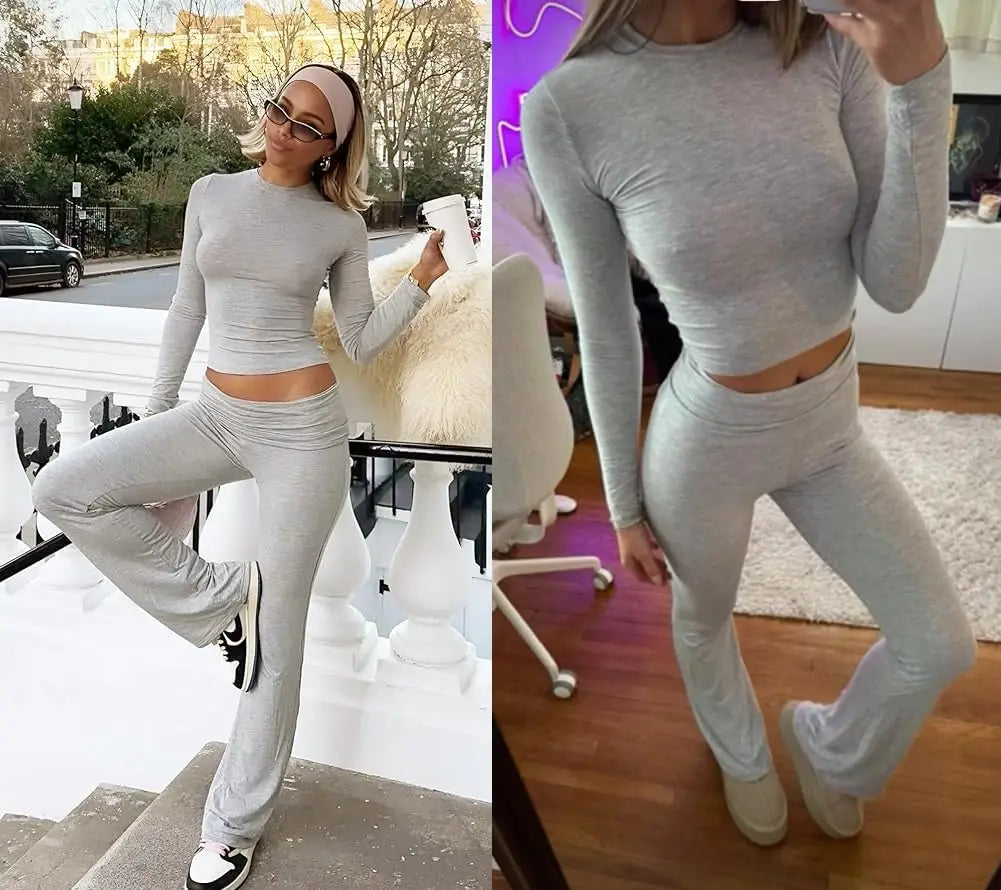 Casual Workout Two Piece Sets for Women Short Sleeve Crop Top and High Waist Flare Pants Tracksuit