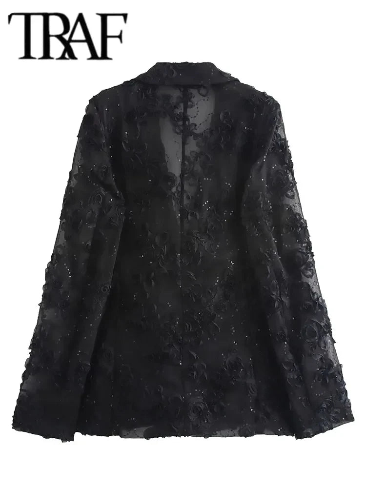 Sequin Two Piece Set for Women with Translucent Blazer Coat and Elegant Pants Stylish Party Outfit