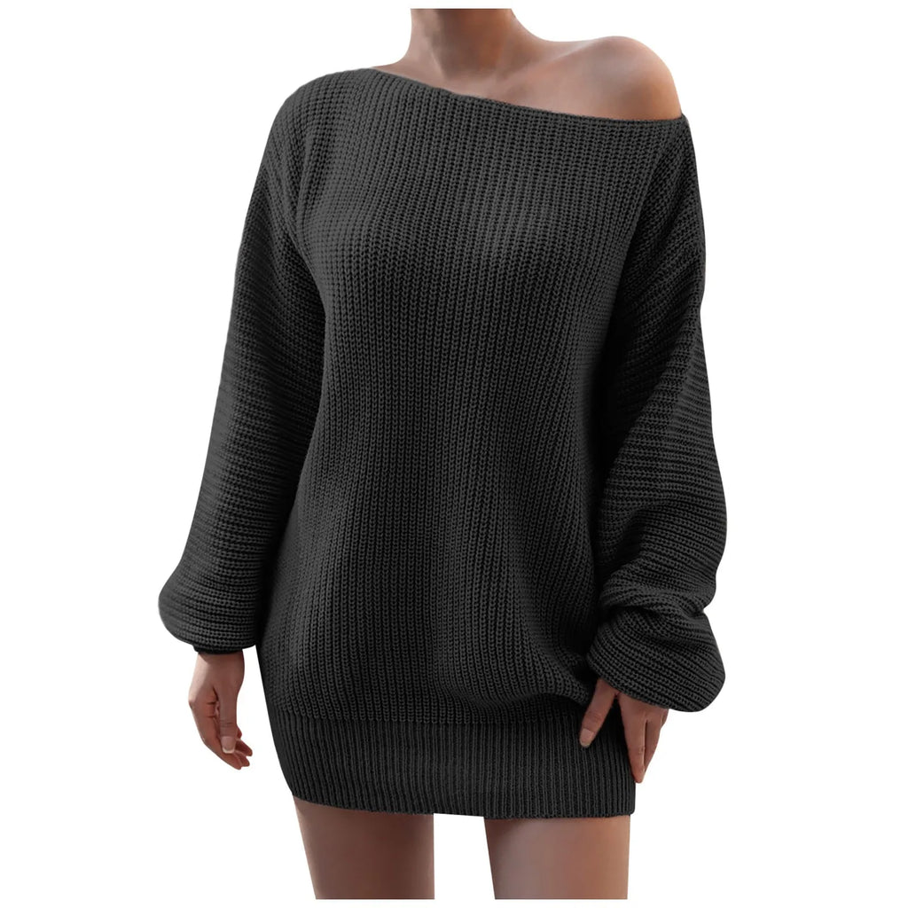 Casual Knit Sweater Dress With One Word Collar For Women