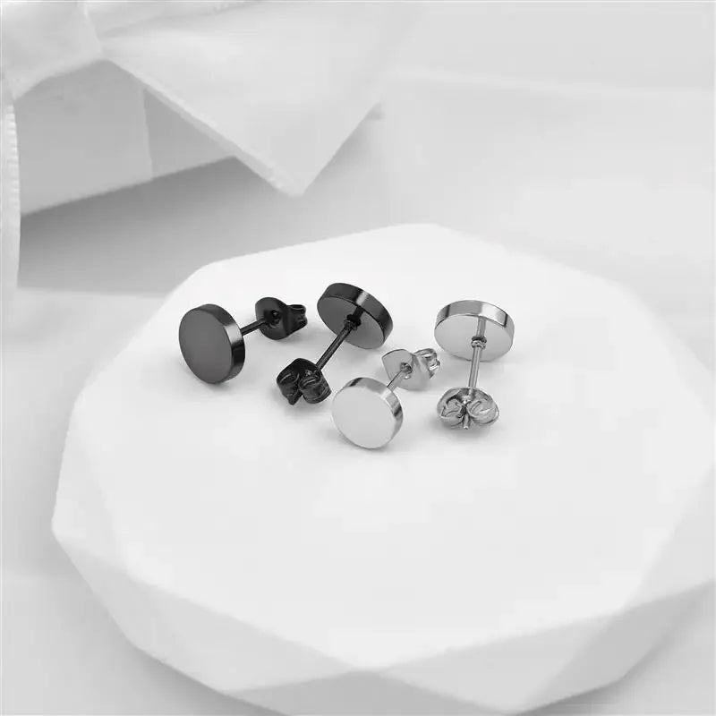2pcs Stainless Steel Black Ear Studs 3-8mm Punk Push Back Earrings for Men and Women