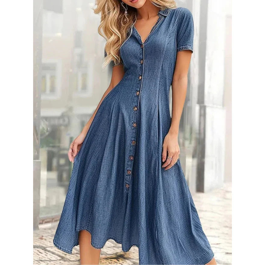 Denim Shirt Dress Women Casual Loose Fit Short Sleeve Slit