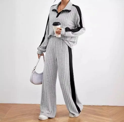 Women Loose Knit Sweater and Wide Leg Pants Two Piece Set with Stripe Color V Neck Design for Autumn and Winter Homewear