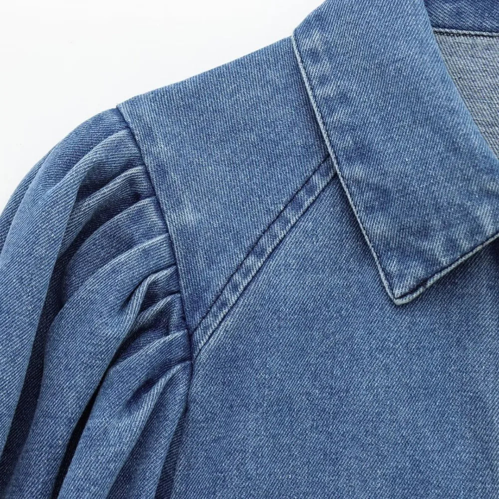 Women's Denim Cropped Shirt with Vintage Loose Lapel Puff Sleeves Single-Breasted Solid Color Blouse Chic Spring Summer Top