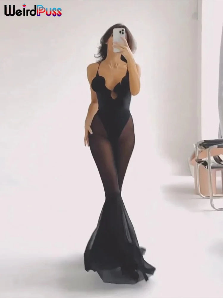 Weird Puss Blossoms Deep V-Neck Sleeveless Backless Jumpsuit for Women with Elastic Mesh Patchwork Skinny Stretch Flare Overalls