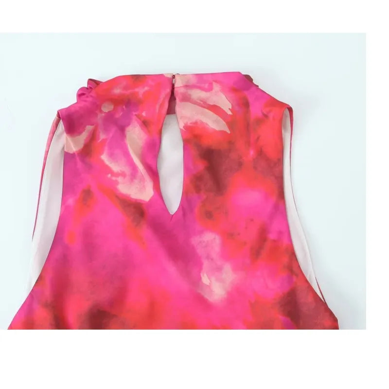 Printed Satin Midi Dress Women Sleeveless Back Button