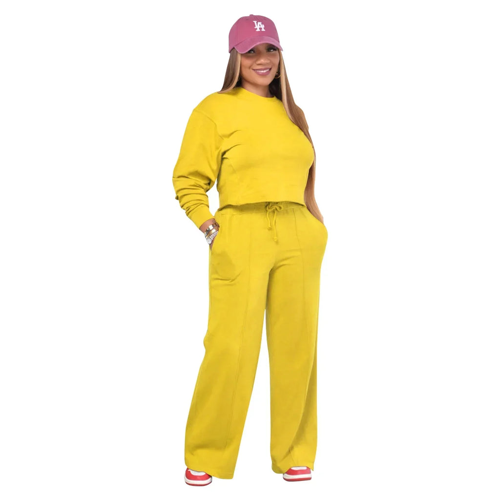Women Winter Tracksuit Set Pullover Top and Pants 2 Piece Casual Outfit Thicken Warm Solid Color Suit
