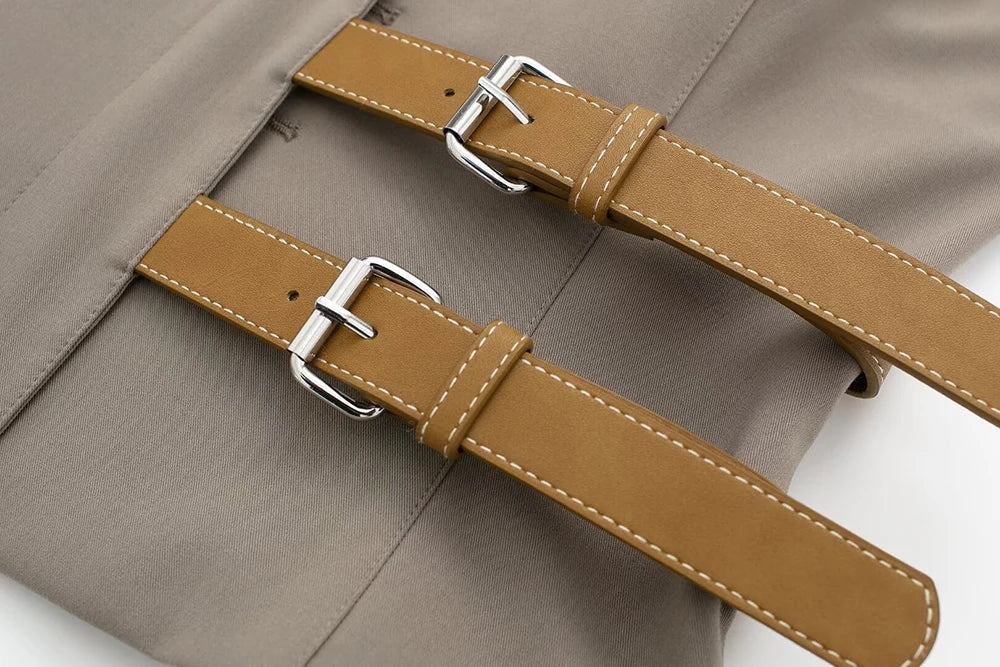 Women's Two-Piece Suit Set with Belt Halter V-Neck Top and High-Waisted Pleated Pants