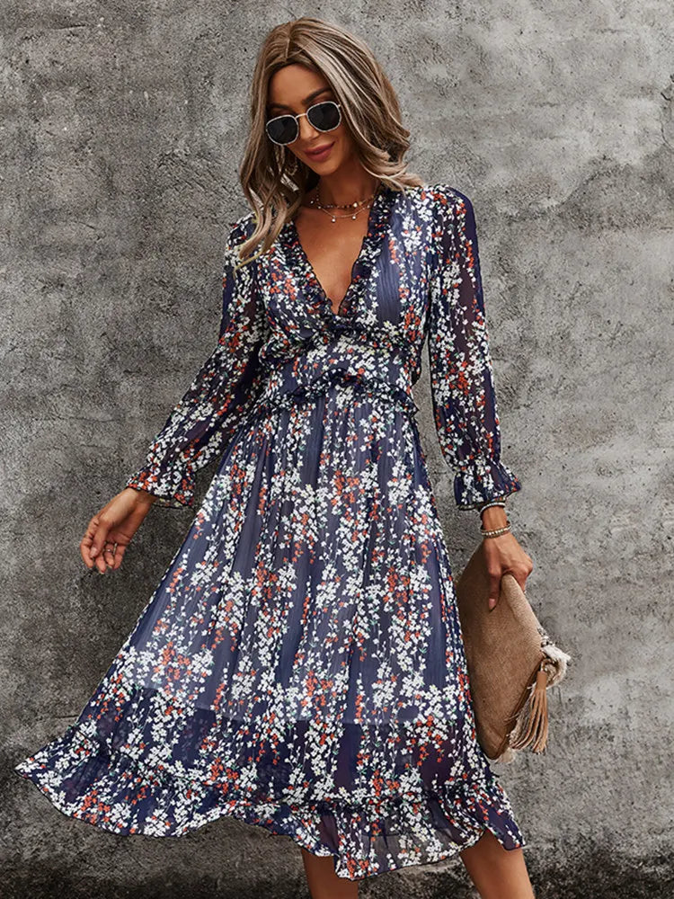Floral Chiffon Maxi Dress With V Neck And Butterfly Sleeves