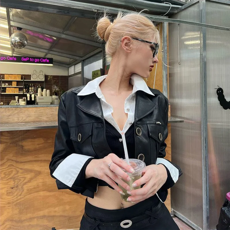 Y2K Two Piece Illusion Crop Top Women's Patchwork Slim Fit Long Sleeve Shirt Casual Streetwear Blouse for Spring and Autumn