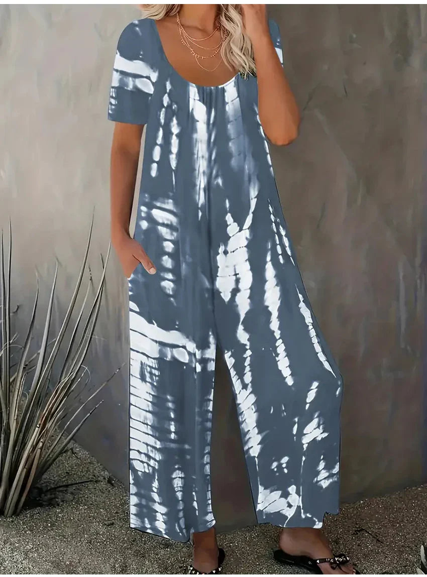 Plus Size Women Summer Jumpsuit Allover Print Wide Leg Short Sleeve Round Neck Relaxed Fit with Pockets Comfortable Casual Outfit
