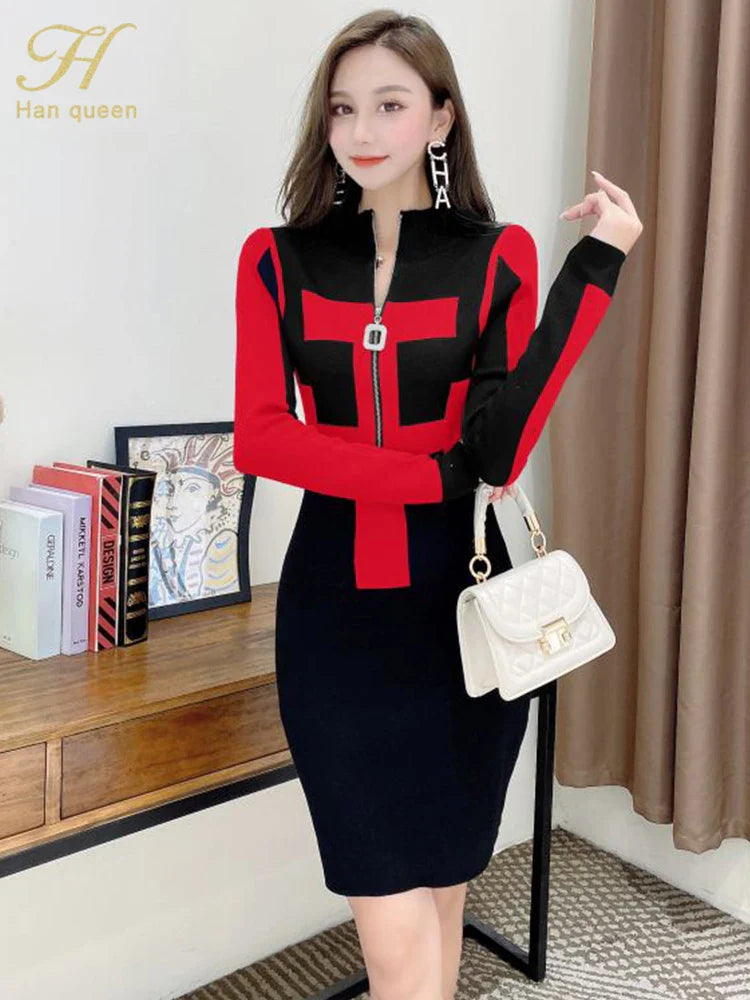 Winter Knit Bodycon Dress With Zipper Pattern Chic