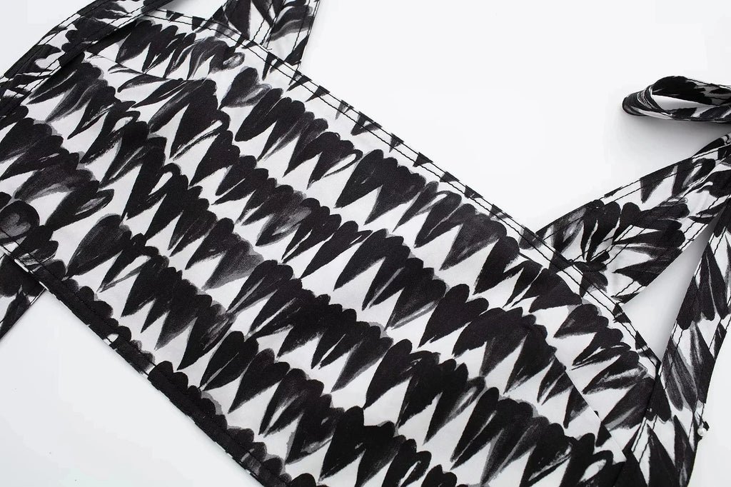 Women's Fashion Print Set Sexy Backless Sleeveless Slim Lace-Up Corset Crop Top with Elegant A-Line Pleated Midi Skirt