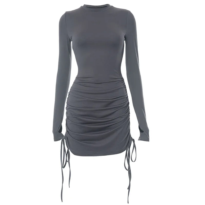 Y2K Ruched Bodycon Mini Dress Long Sleeve Black Party