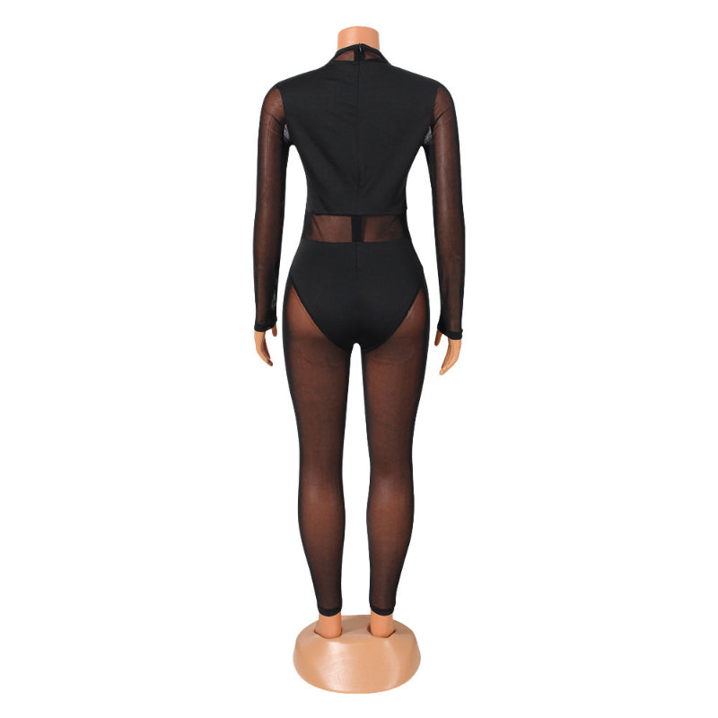 Sexy Black Transparent Mesh Jumpsuit for Women Elastic See-Through Bodysuit One-Piece Nightclub Outfit