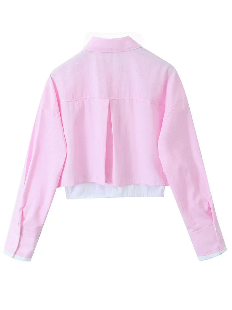 Women's Pink Patchwork Cropped Shirt Long Sleeve Button-Up Blouse Trendy Streetwear Top for Ladies