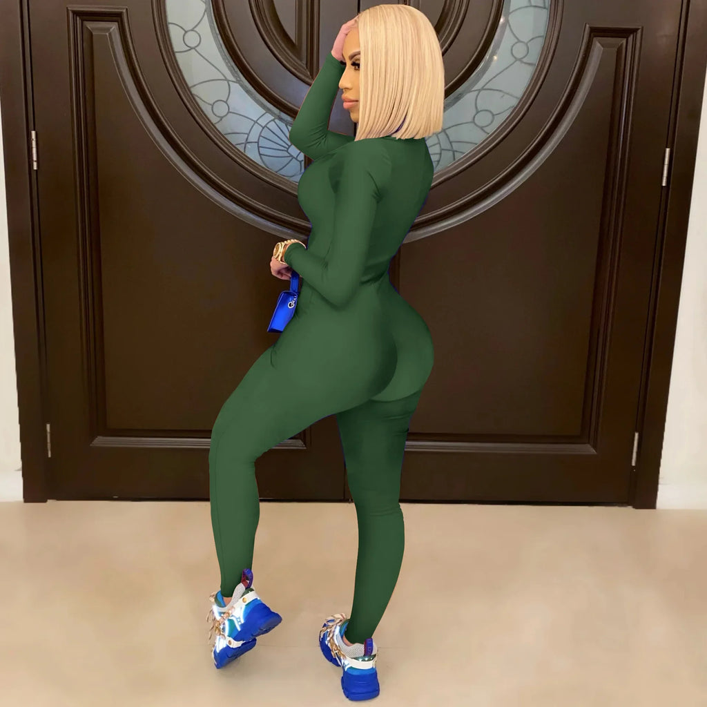 Women's Bodycon One-Piece Jumpsuit with Long Sleeves and Large Front Zipper Casual Sporty Skinny Workout Overalls Top