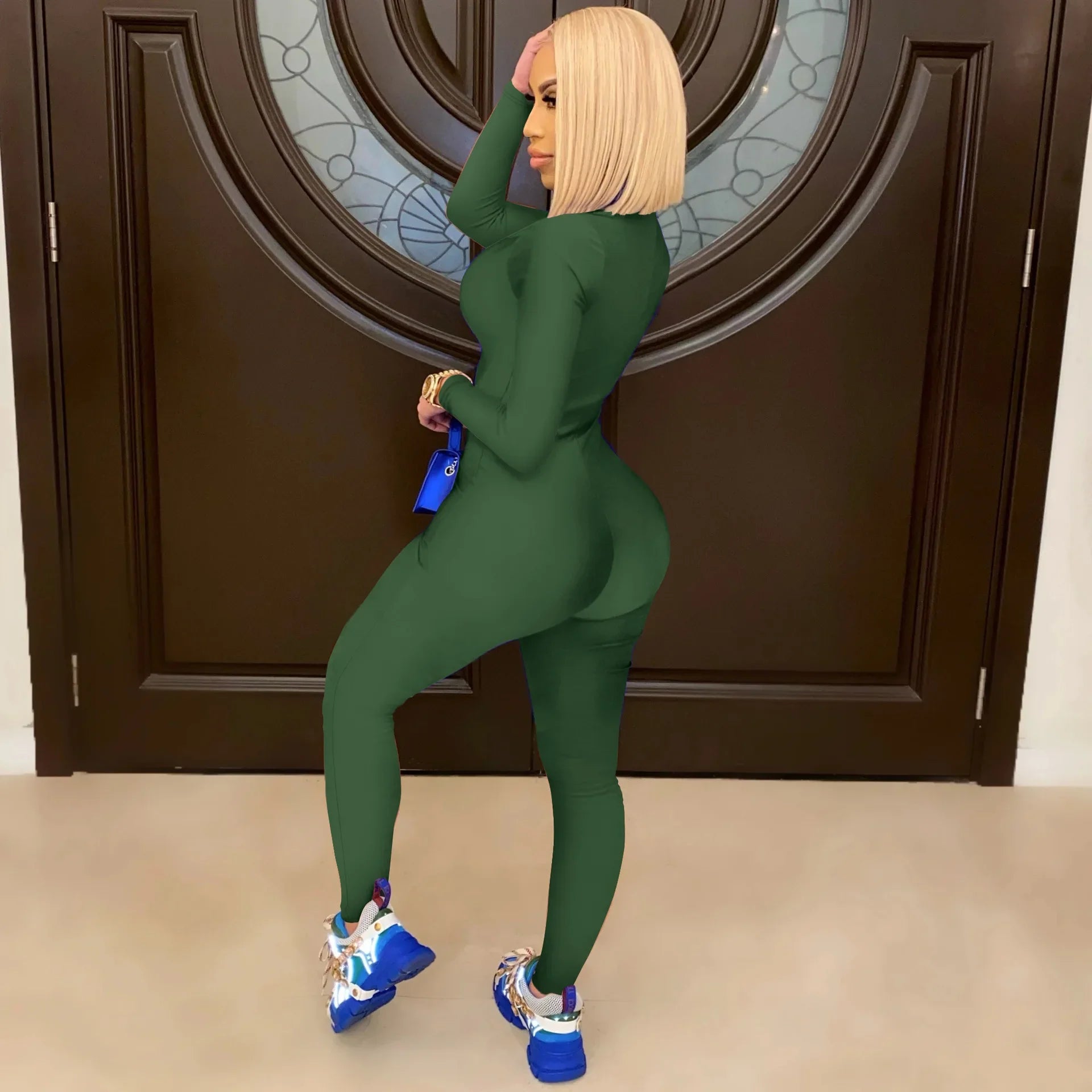 Women's Bodycon One-Piece Jumpsuit with Long Sleeves and Large Front Zipper Casual Sporty Skinny Workout Overalls Top