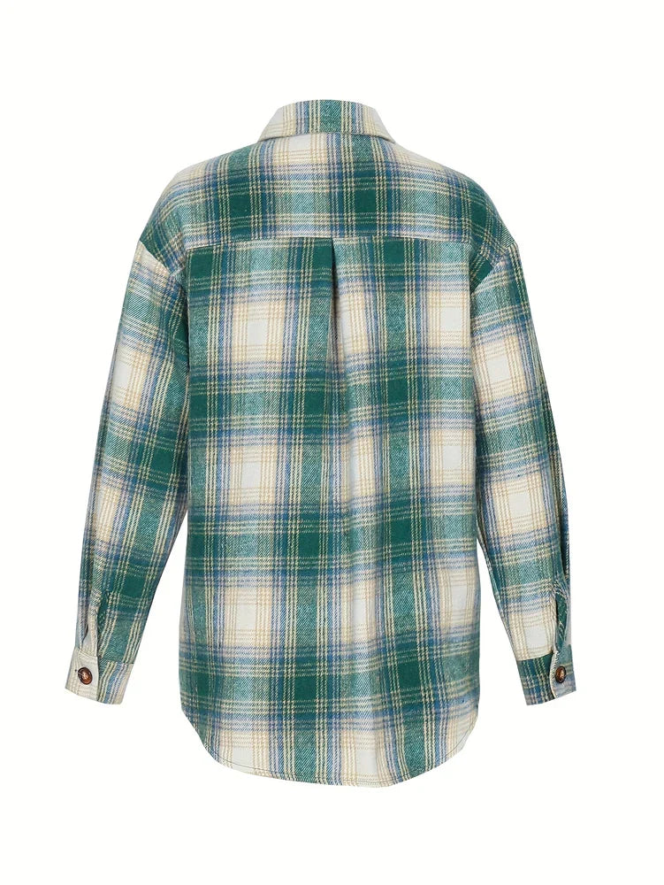 Women's Lightweight Flannel Plaid Shirt Jacket with Straw Buttons Soft Polyester Material Top for Spring and Summer