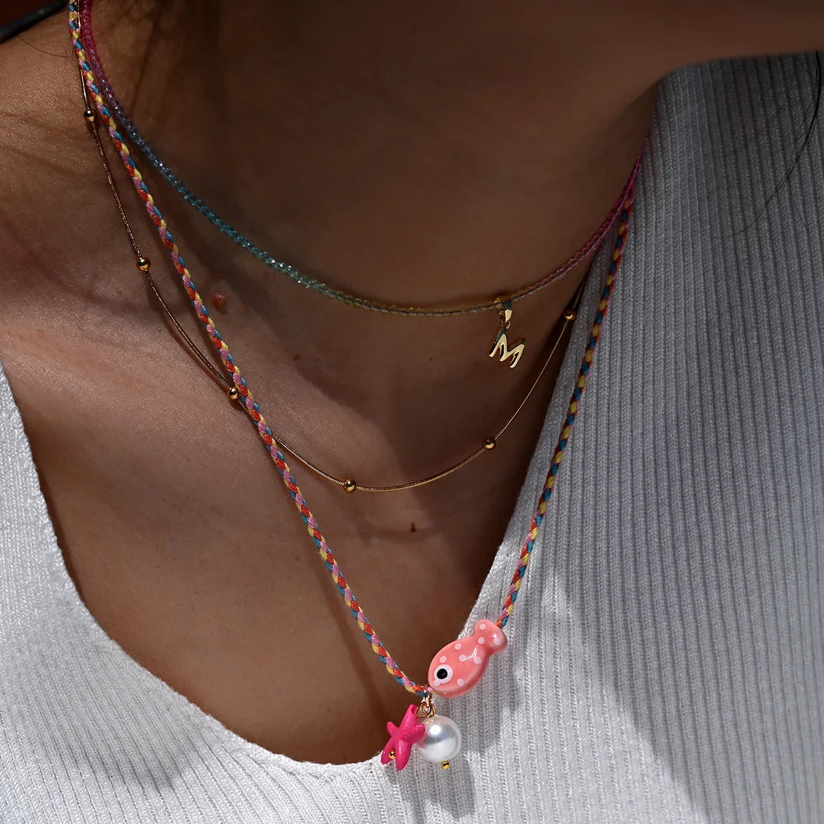 Colorful Bohemian Ceramic Fish Pendant Necklace for Women Adjustable Multicolored Rope Choker