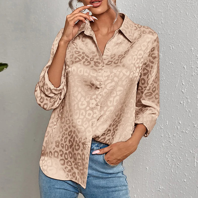 Elegant Long Sleeve Leopard Jacquard Blouse for Women with Turn Down Collar and Button Front Office Shirt Autumn Spring Fashion Top