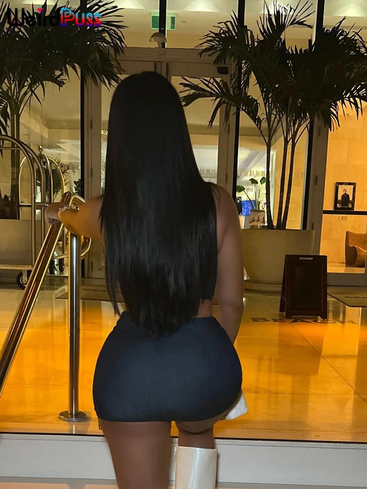 Weird Puss Solid 2 Piece Set Women Low-Neck Zipper Tank Top and Peach Hip Skirt Stretchy Clubwear Matching Outfit