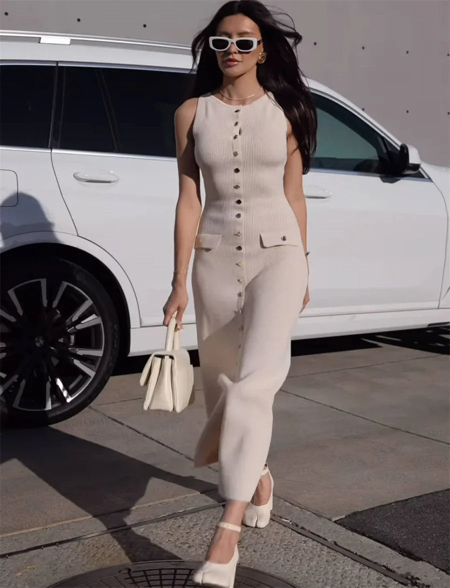 Elegant Knitted Long Summer Dress With O Neck Sleeveless