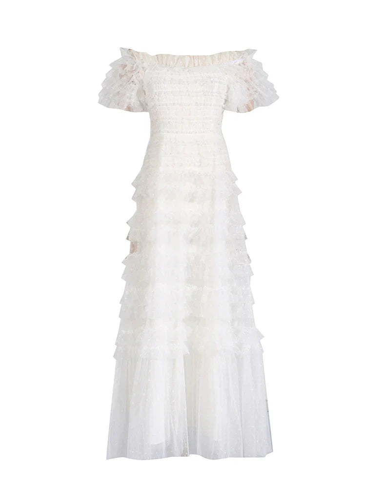 Patchwork Mesh Dress For Women High Waist Ruffled Casual