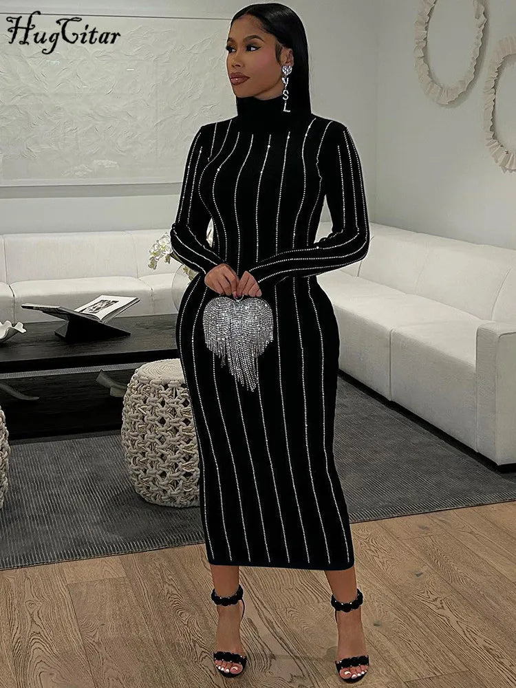 Sequined Bodycon Black Midi Dress Turtleneck Long Sleeve