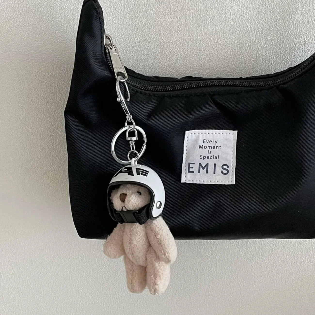 Helmeted Bear Charm Keychain Plush Ornament for Bags and Backpacks