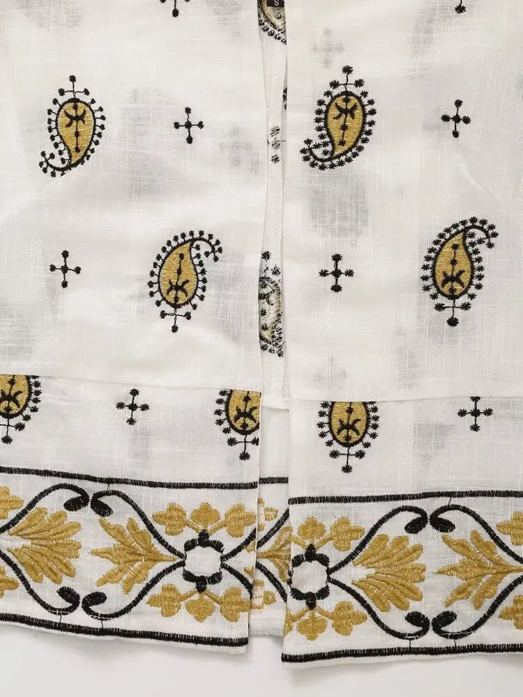 Vintage Women Embroidered Cardigan Coat and Wide Leg Trousers 2 Piece Outfit Set