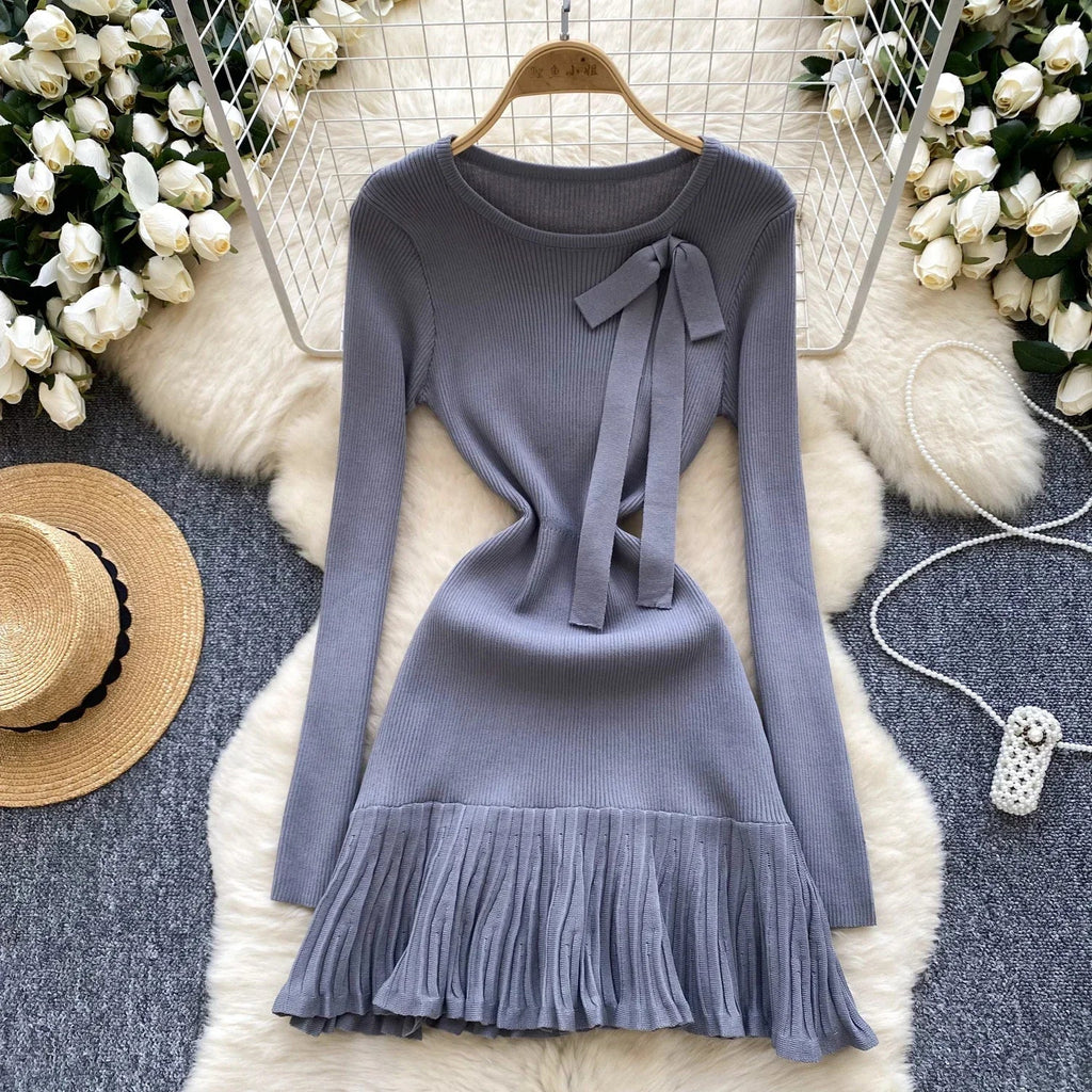 Knitted Short Dress With O Neck Bow Bodycon Chic Style