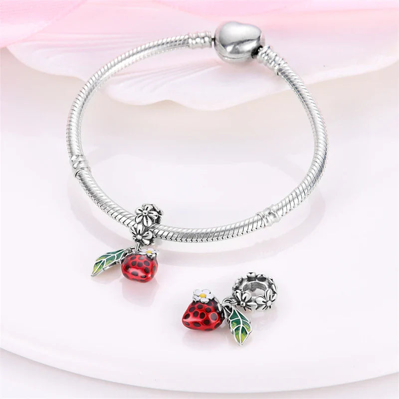 925 Silver Red Charms Beads for DIY Jewelry Bracelets Featuring Strawberry Ladybird and Lipstick Design