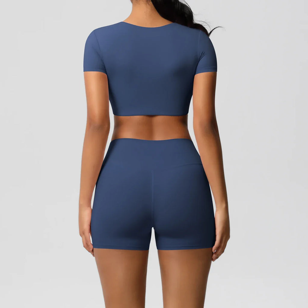 2PCS Women's Fitness Yoga Set High Waist Shorts with Short Sleeve Gym Top Seamless Sportswear Tracksuit for Activewear