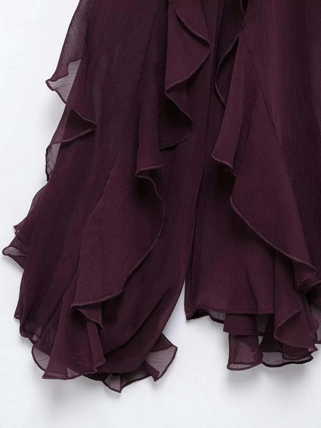 Burgundy Mesh Ruffle Blouse for Women Long Sleeve Sheer Loose Fit Elegant Party Top