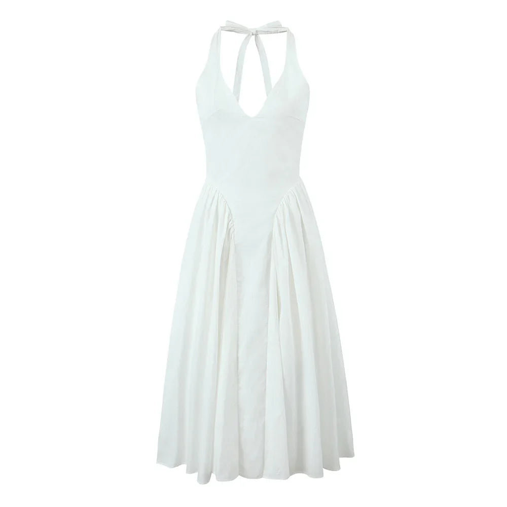 White Halter Neck Maxi Dress Sleeveless Open Back For Women
