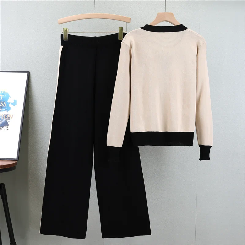 Women's Knitting Sweater Set with V-neck Cardigan and Wide Leg Pants for Cozy Autumn and Winter Wear
