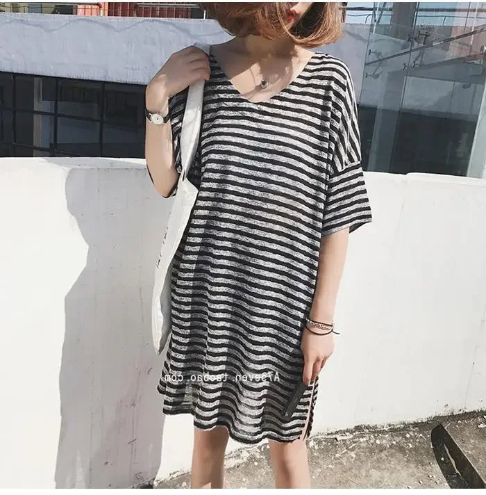 Summer Women's Striped T-Shirt Dress Loose Fit Short Sleeve Casual Tee for Home Wear