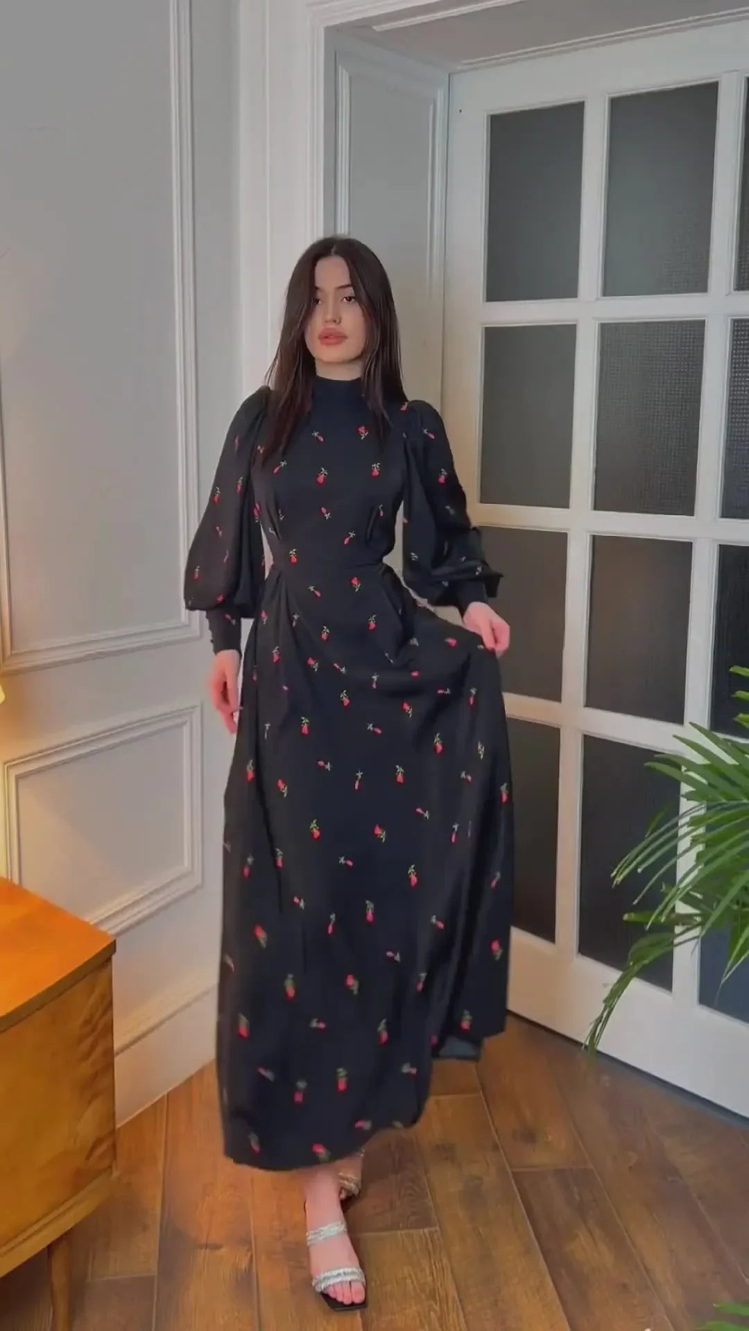 Black Print Dress For Women O Neck Long Sleeve Lace Up