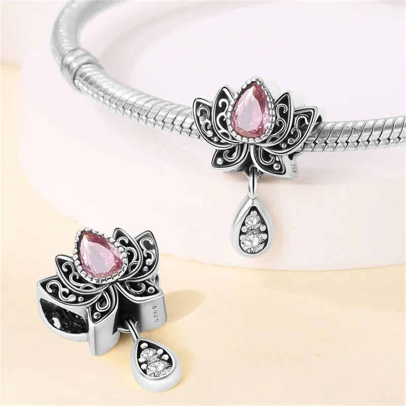 Silver Plated Lotus Guardian Angel Heart-Shaped Zircon Charms Beads for DIY Jewelry and 925 Bracelets
