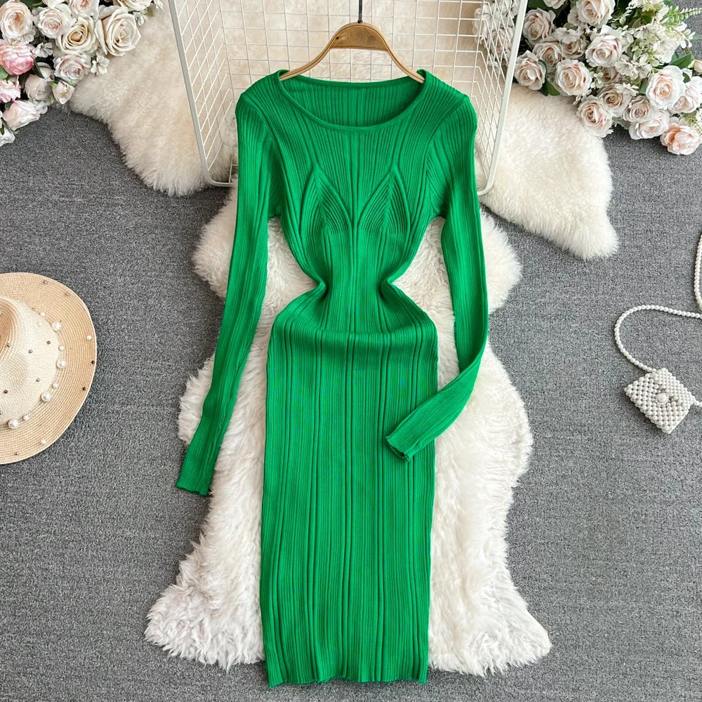 Long Sleeve Knitted Bodycon Dress For Women Autumn Retro