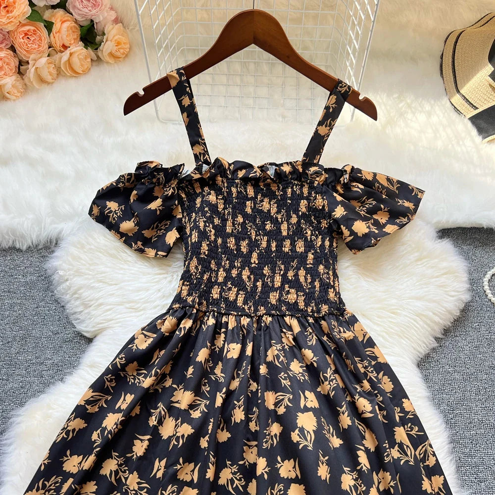 Floral Print Off Shoulder Summer Beach Dress For Women
