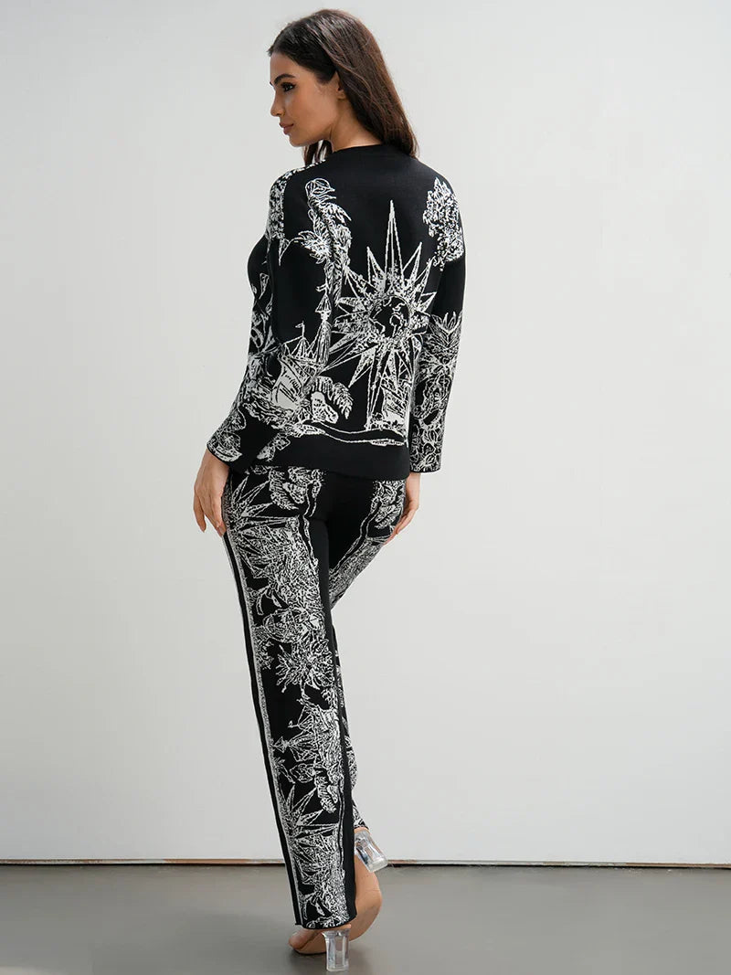 Elegant Women's Loungewear 2 Piece Knit Pants Set with Ink Floral Sweater and Matching Knitted Bottoms
