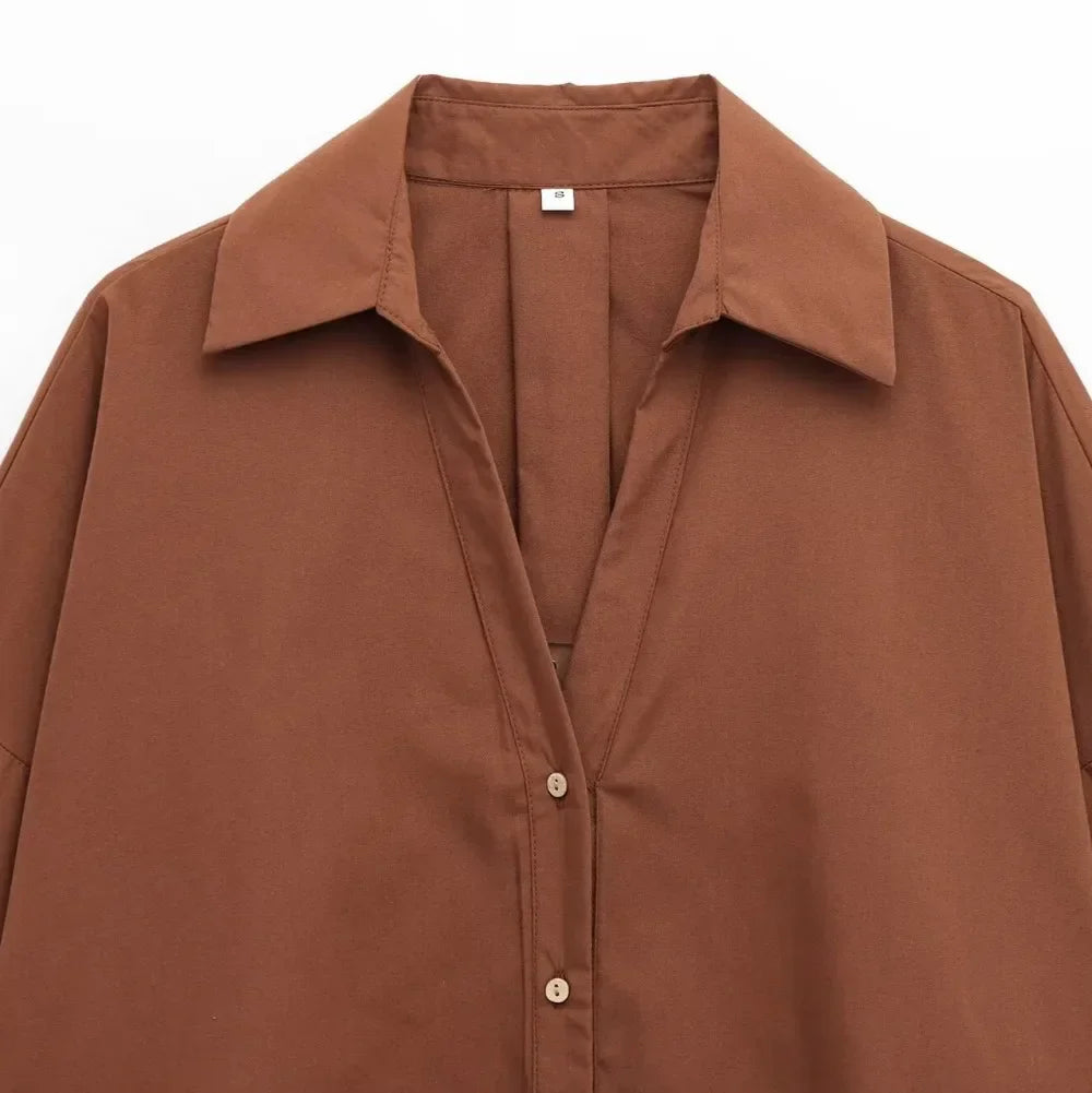 Women's Loose Batwing Satin Lapel Blouse Long Sleeve Single Breasted Solid Color Commuter Shirt Chic Lightweight Top for Spring and Summer