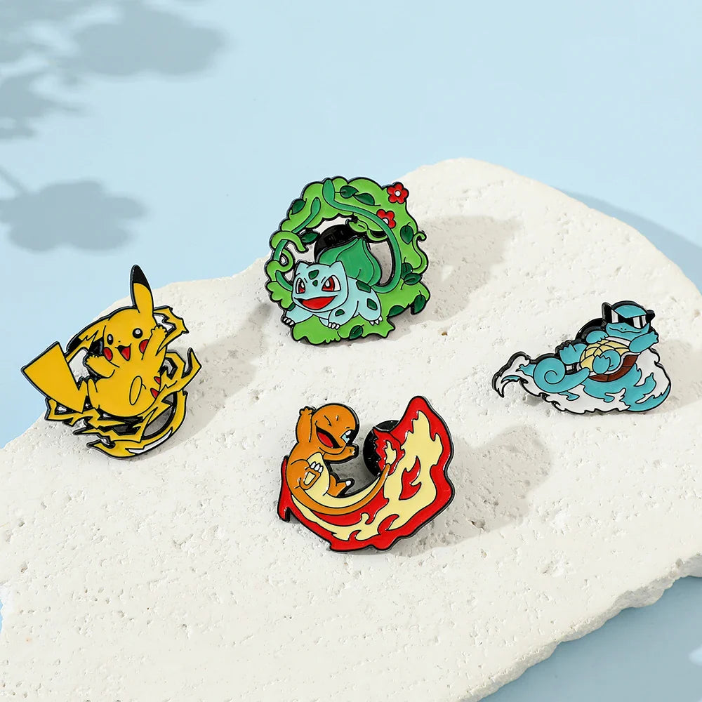 Cute Cartoon Pocket Monsters Enamel Brooch Set for Bags - 4 Pcs Creative Animated Character Accessories